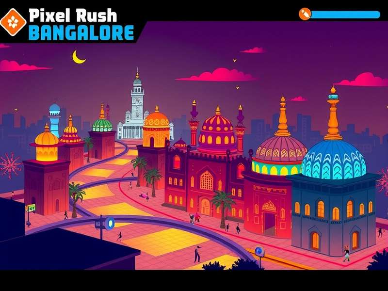 Pixel Rush Bangalore gameplay screenshot showing Bangalore cityscape